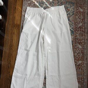 Linen Pants, White Wide Leg Pull On, XL Elastic Waist Pockets